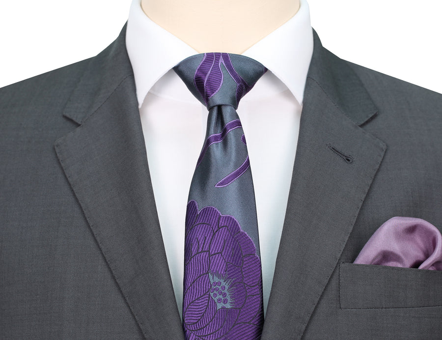 Mimi Fong Large Flower Tie in Grey & Purple