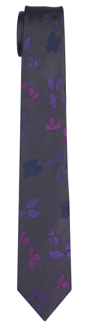 Dark brown Mimi Fong silk tie with purple & blue floral all over pattern on a white background