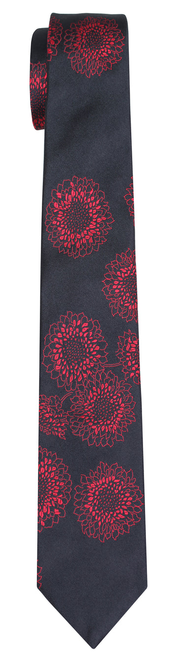 A black silk Mimi Fong tie with red floral pattern against a white background