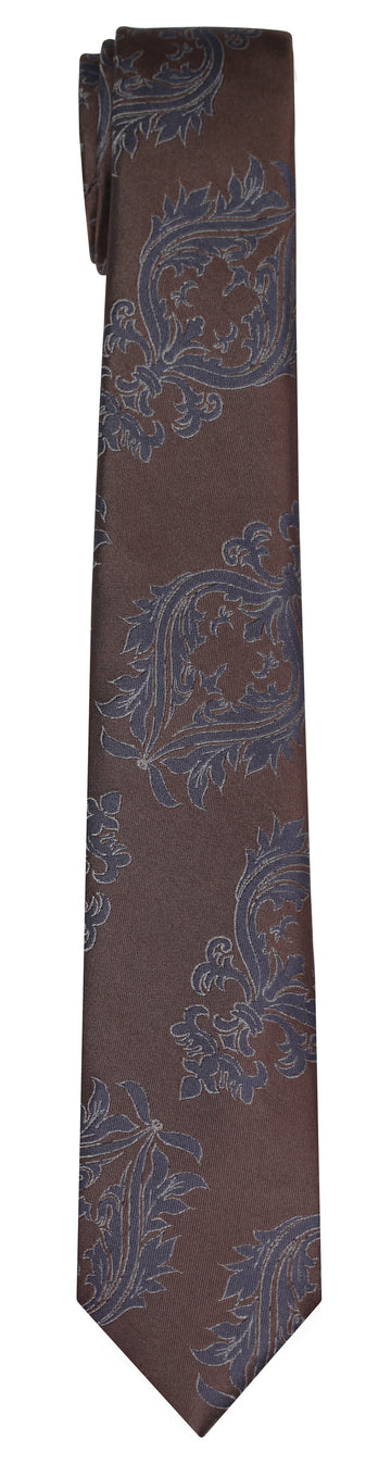 A brown silk Mimi Fong tie with blue crest pattern against a white background