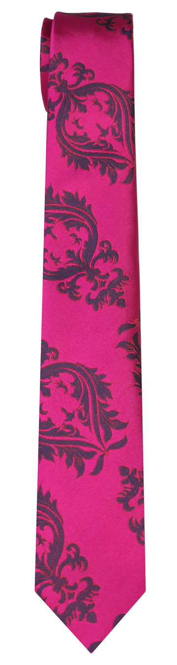 A magenta silk Mimi Fong tie with dark blue crest pattern against a white background