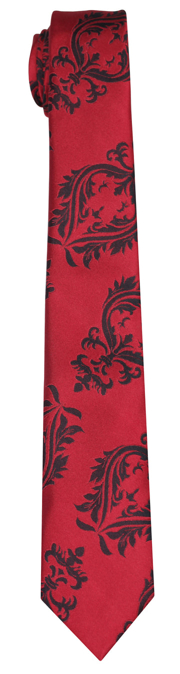 A red silk Mimi Fong tie with black crest pattern against white background