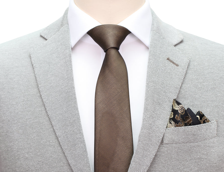 Mimi Fong Silk Tie in Liquid Gold with Reversible Dragon Pocket Square in Black & Gold