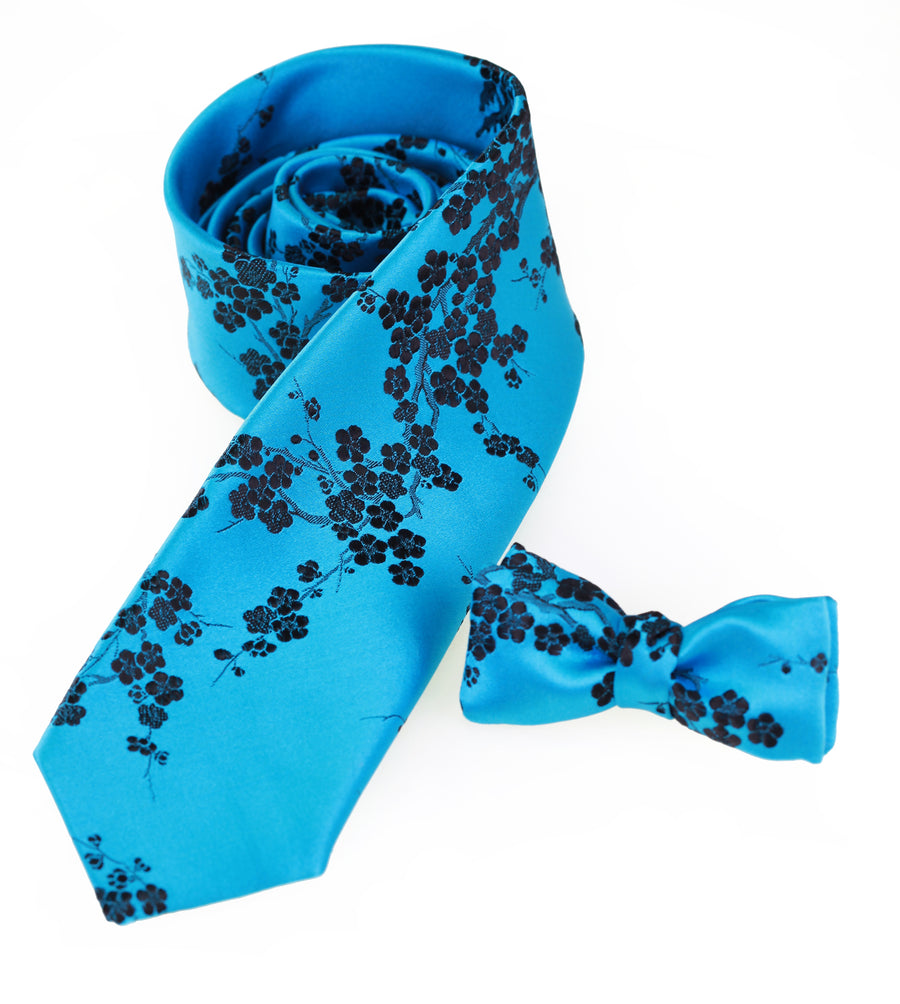 Mimi Fong Coordinating Cherry Blossom Tie & Kid's Bow Tie  Set in Turquoise & Black
