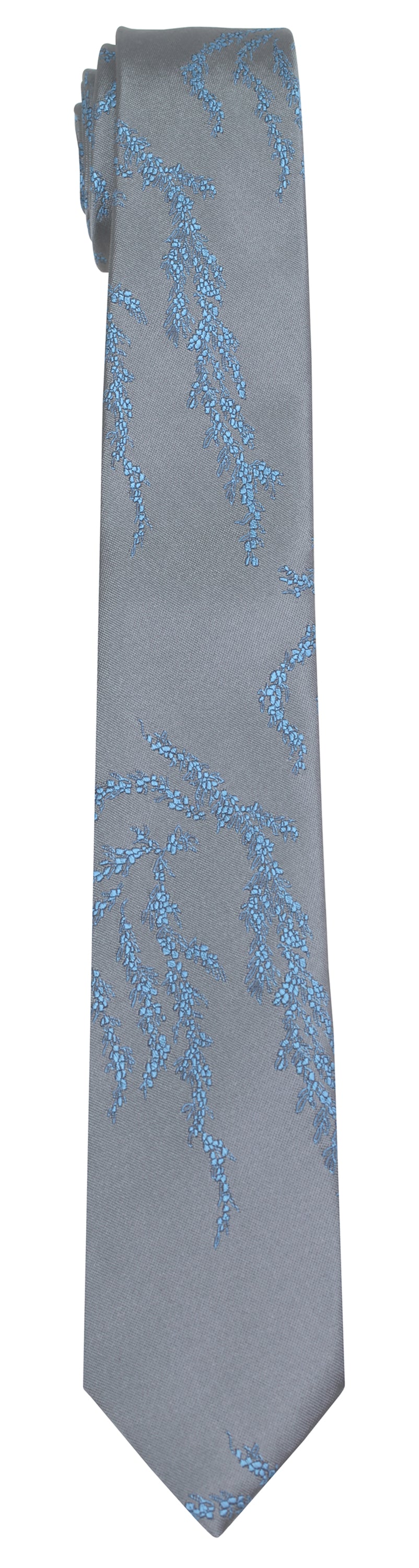 Grey silk Mimi Fong tie with light blue seaweed pattern on a white background