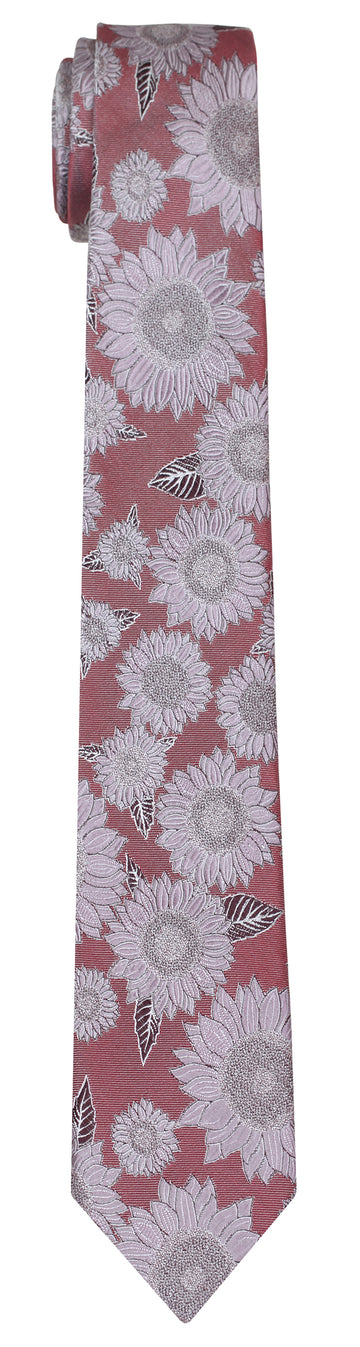 A burgundy silk Mimi Fong tie with all over sunflower pattern in hues of lavender & grey against white background