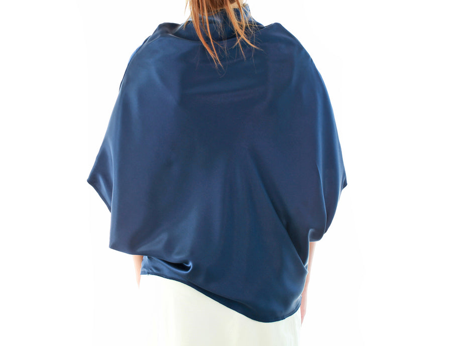 Mimi Fong Reversible Mock Neck Silk & Cotton Top in Navy Back Side View
