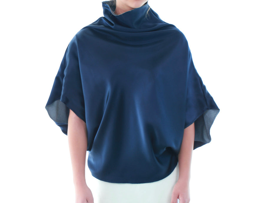 Mimi Fong Reversible Mock Neck Silk & Cotton Top in Navy Front View