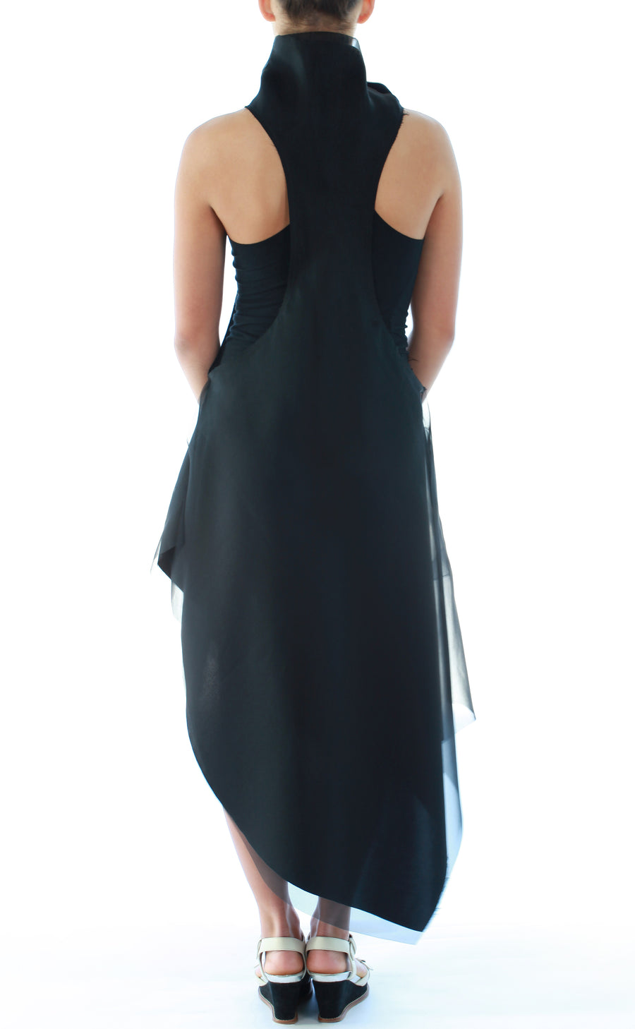 Mimi Fong Mock Neck Silk Tank Dress with Floral Appliqué in Black Back Side View