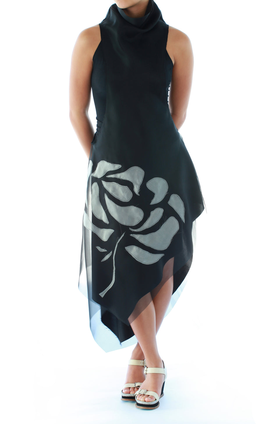 Mimi Fong Mock Neck Silk Tank Dress with Floral Appliqué in Black Front View