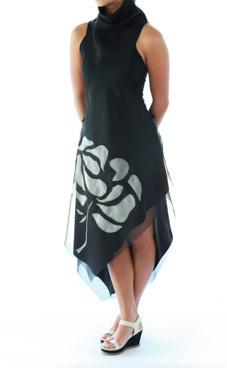 Mimi Fong Mock Neck Silk Tank Dress with Floral Appliqué in Black Side View
